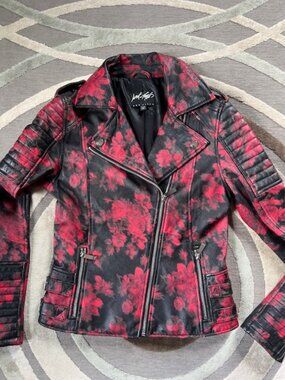 LORD & TAYLOR   FLORAL ROSE LAMB LEATHER MOTO JACKET SIZE XS